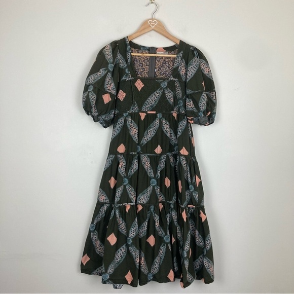Ulla Johnson army green boho pint tiered knee/midi length dress. Size 6 - Picture 3 of 9